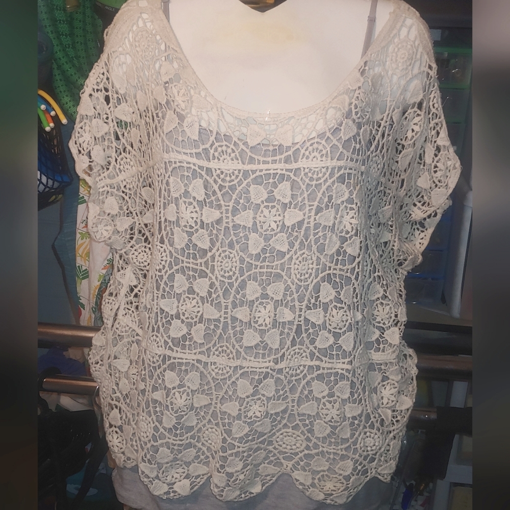 white crochet knit over shirt